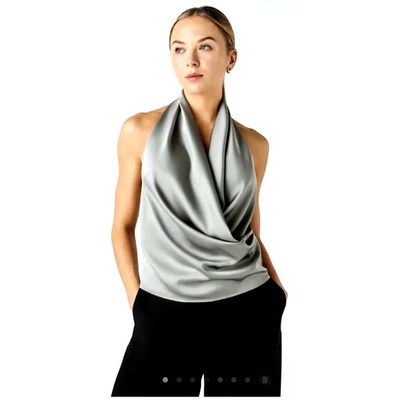 Halara Deep V Neck Backless Stacked Invisible Zip Size XL Satin Like Silver - Picture 1 of 6